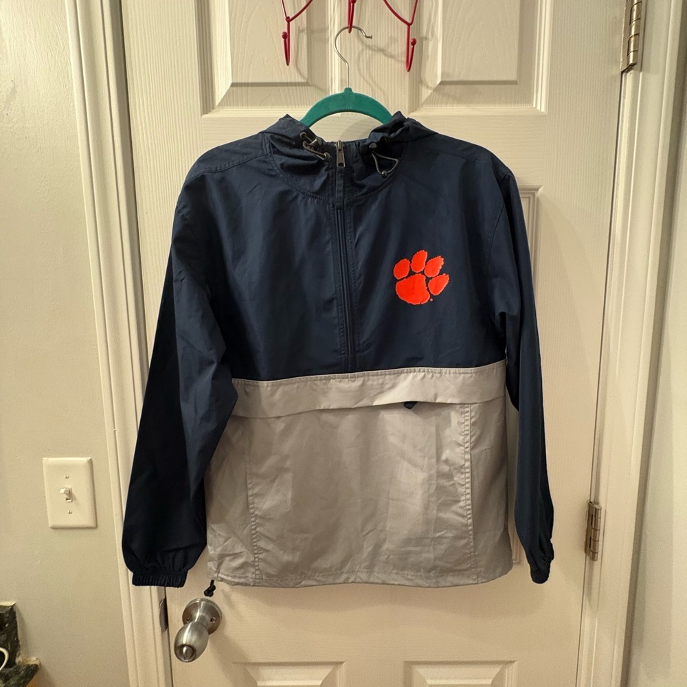 Navy and Gray Windbreaker with Orange Paw Print